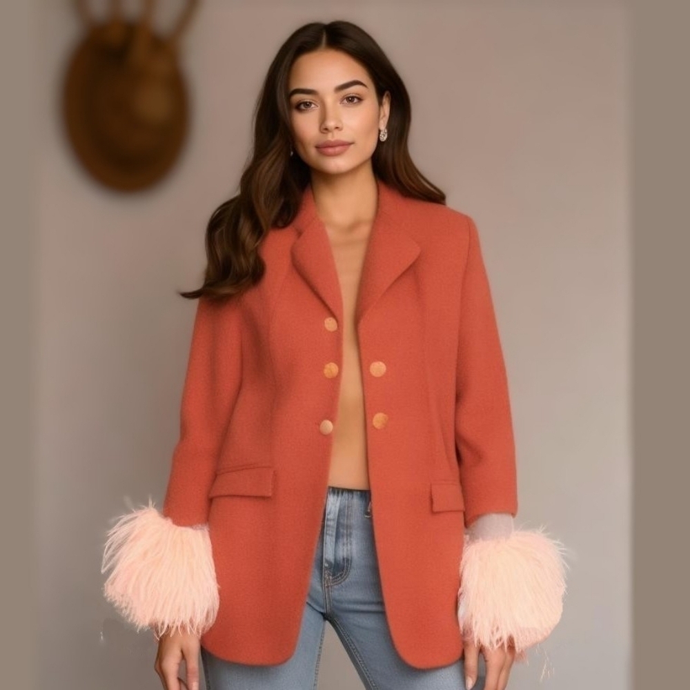 Upcycled 90s Coral Wool Blazer with Feathered Cuffs